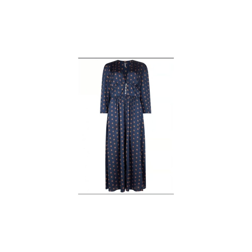 Free People Alexa Navy Printed Maxi Duster Boho Dress Satin Button Front Size L
